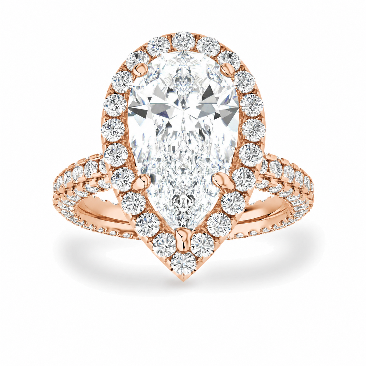 Alexa pear halo engagement ring front view in rose gold