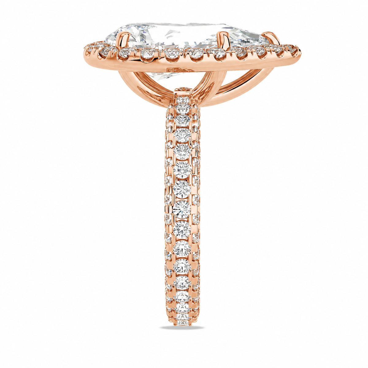 Alexa pear halo engagement ring straight side view in rose gold