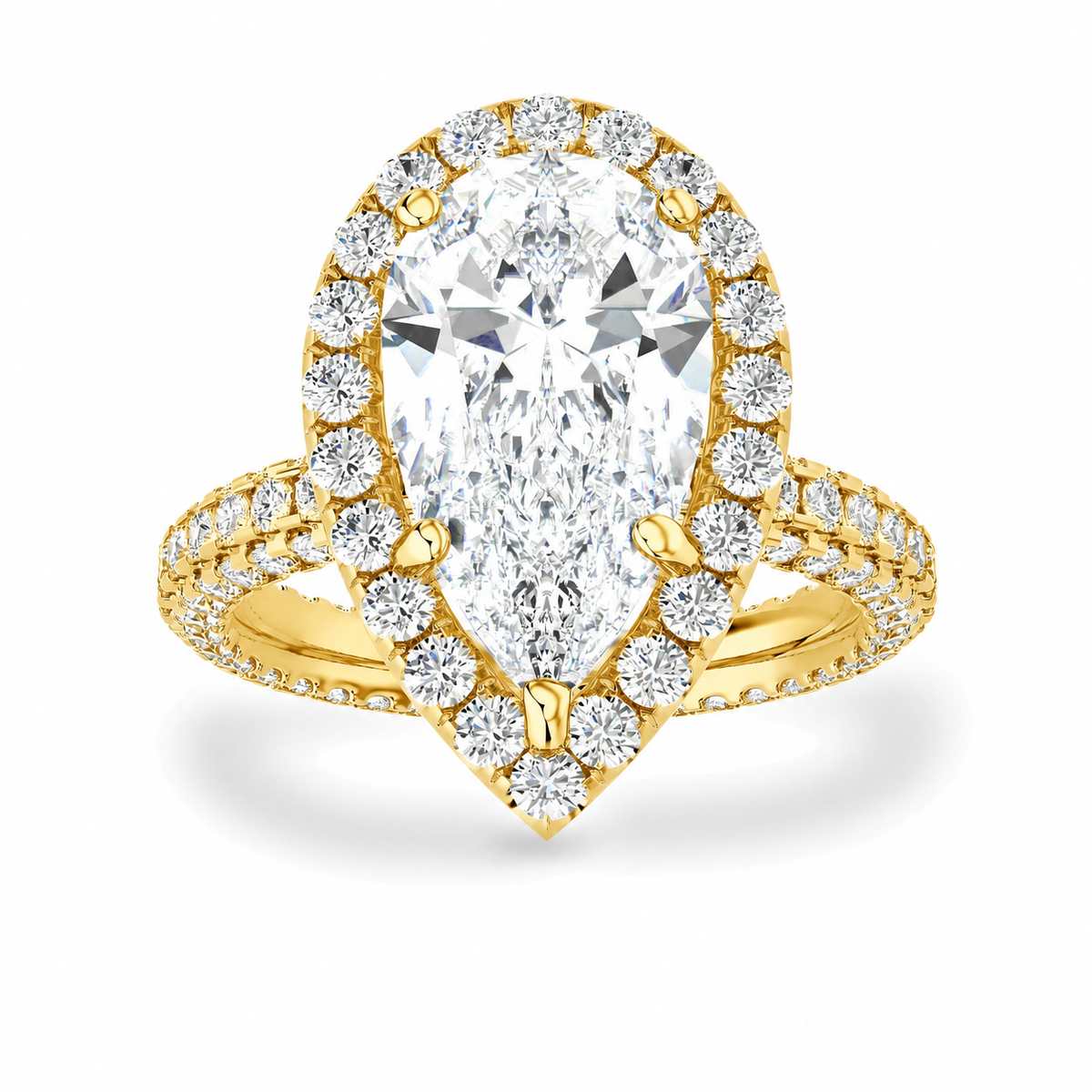 Alexa pear halo engagement ring front view in yellow gold