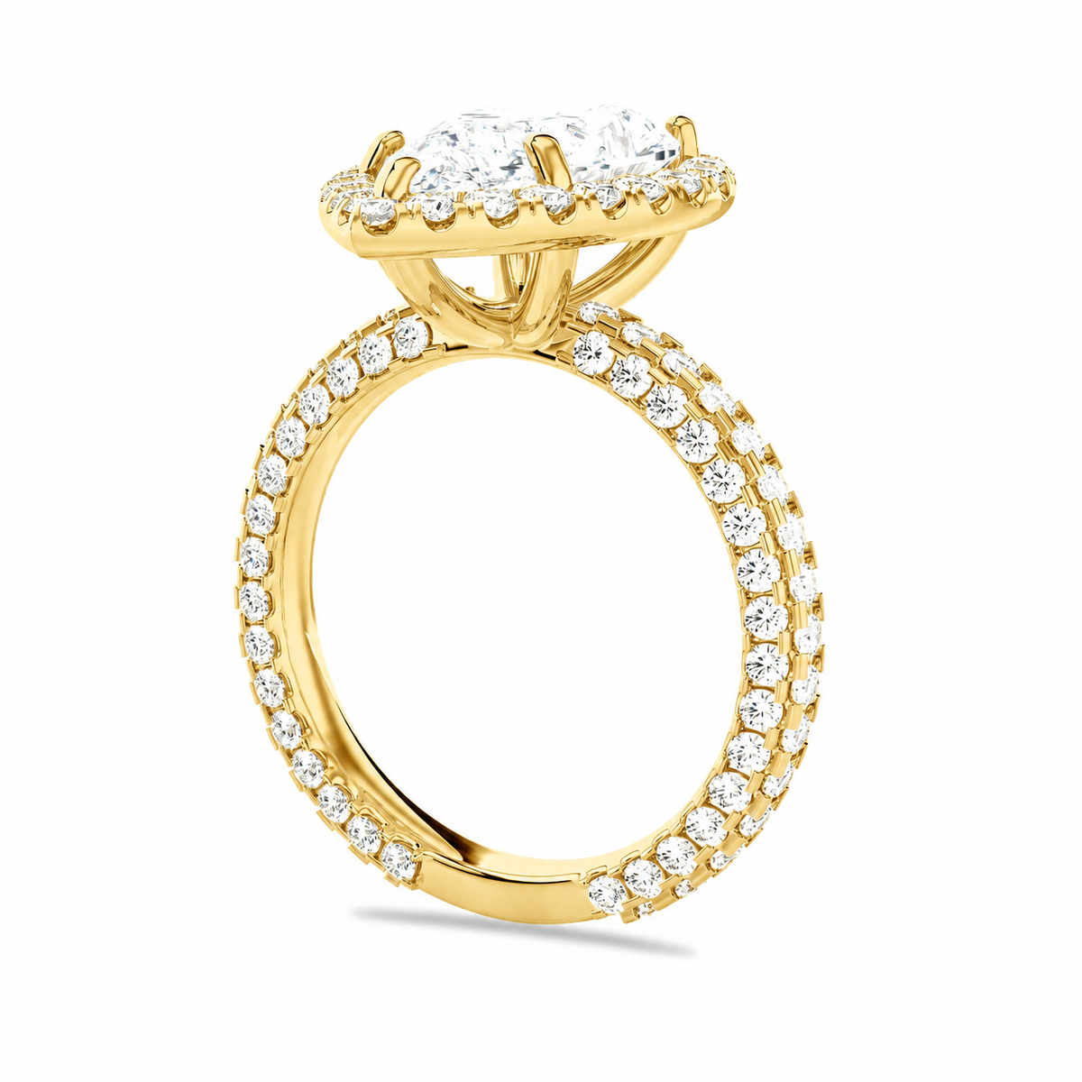 Alexa pear halo engagement ring three-quarter view in yellow gold