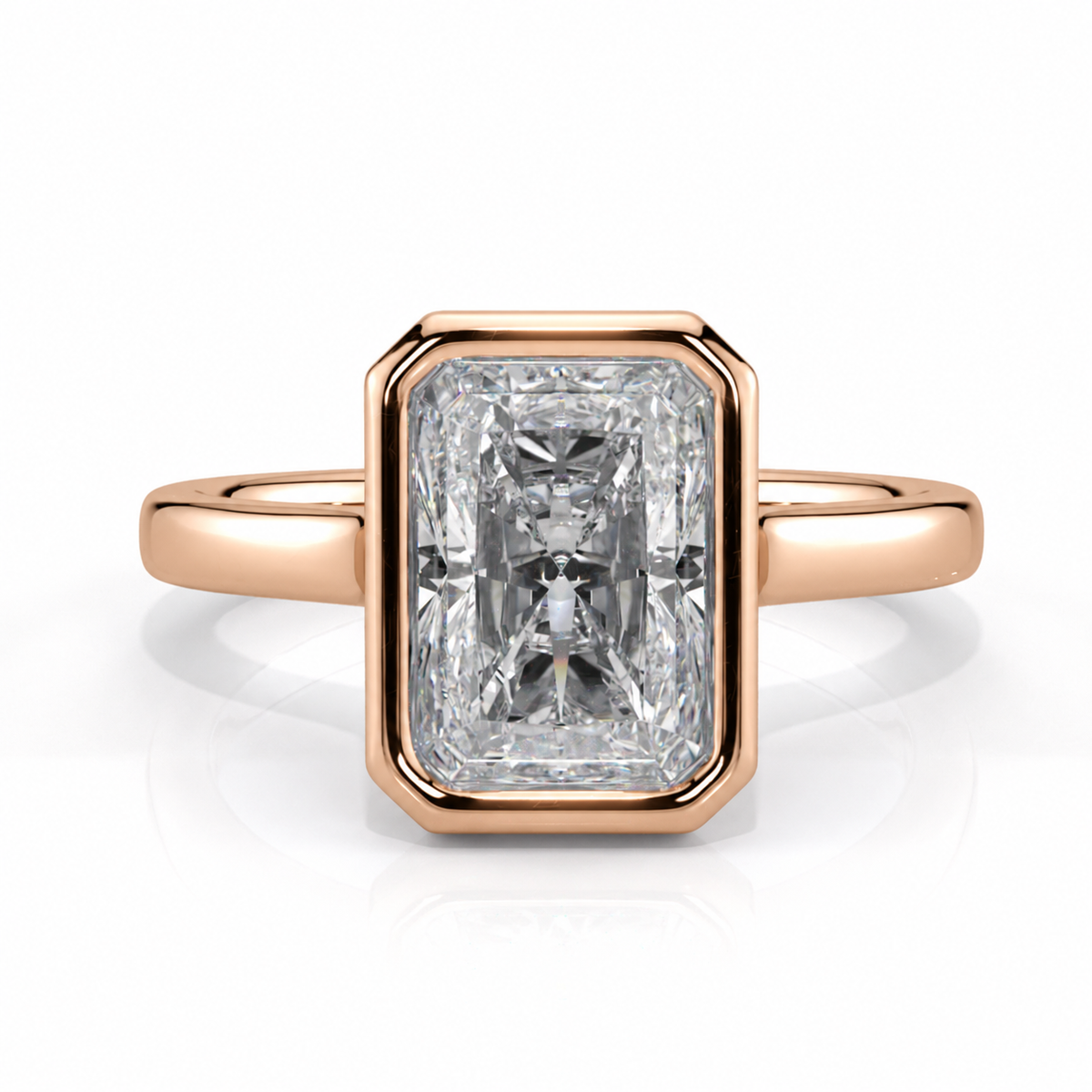Amara radiant bezel engagement ring front view in rose gold