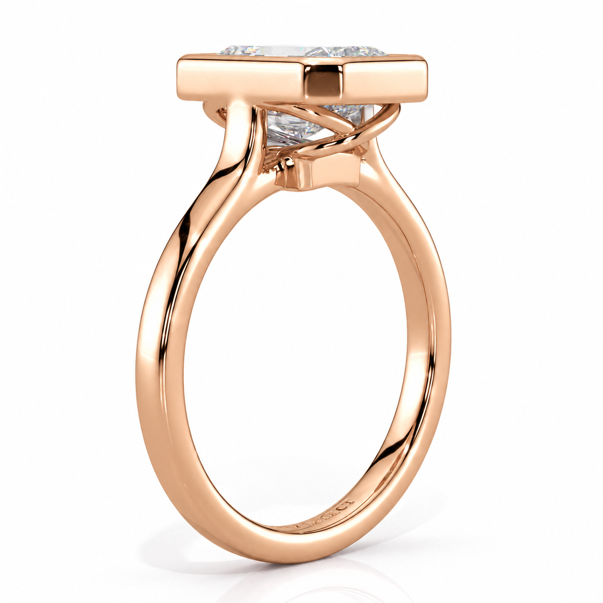 Amara radiant bezel engagement ring profile view in rose gold