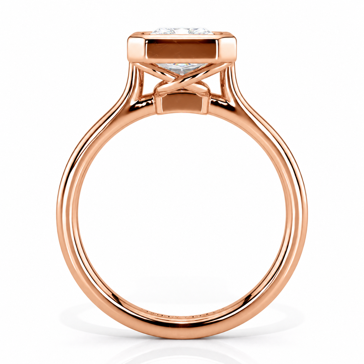 Amara radiant bezel engagement ring straight side view in rose gold