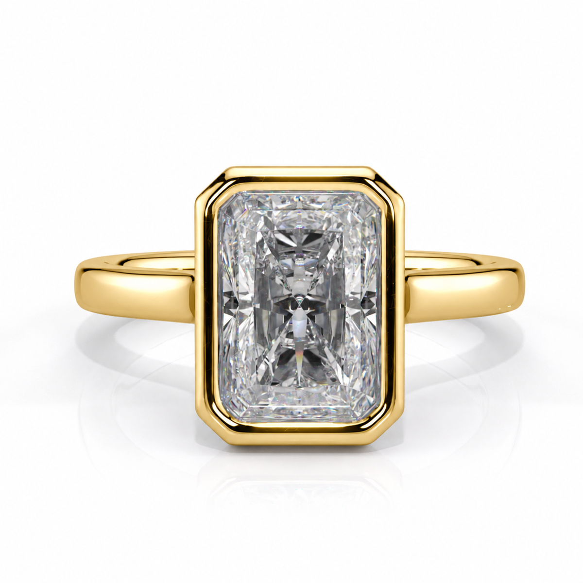 Amara radiant bezel engagement ring front view in yellow gold