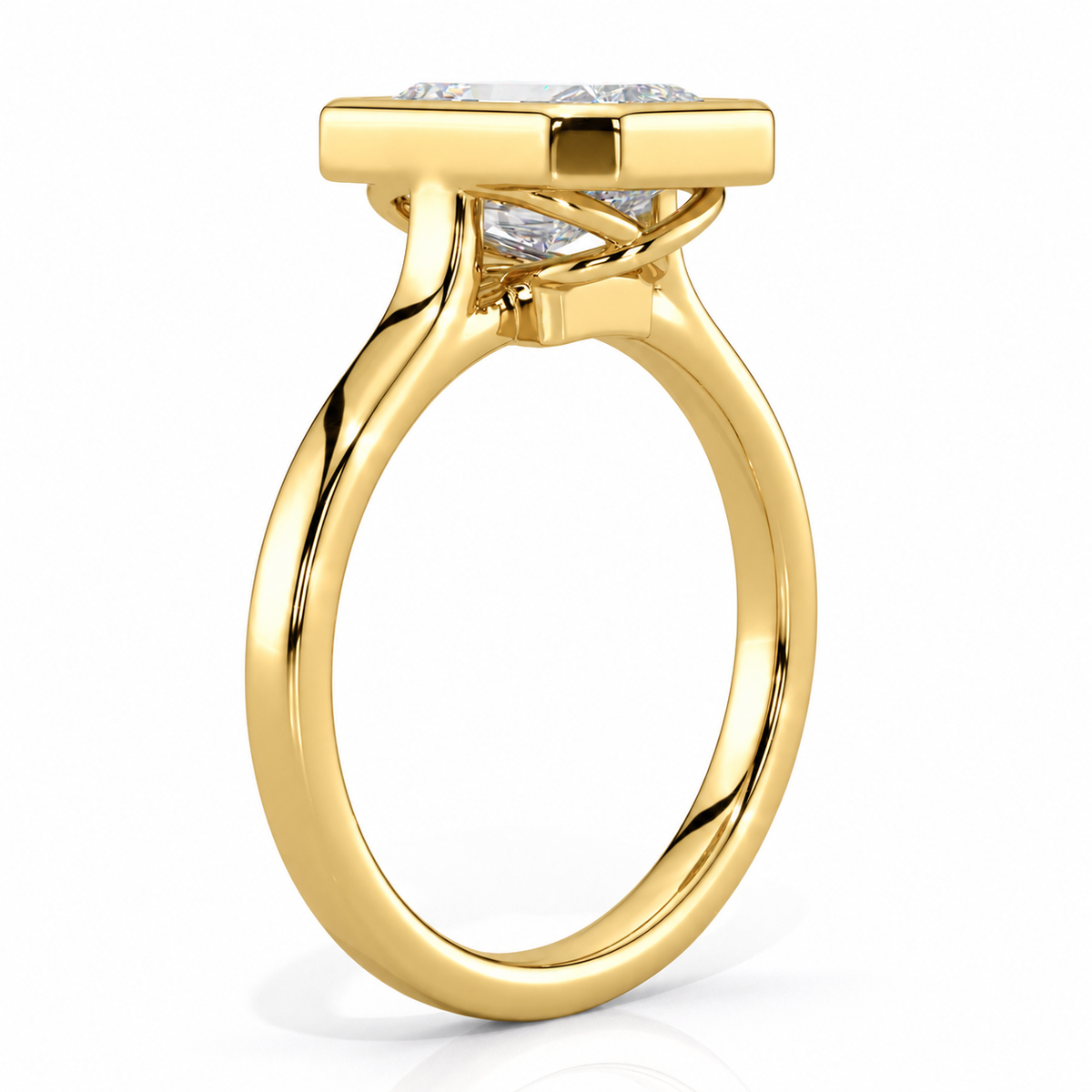 Amara radiant bezel engagement ring profile view in yellow gold