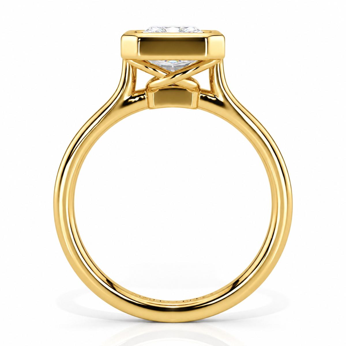 Amara radiant bezel engagement ring straight side view in yellow gold