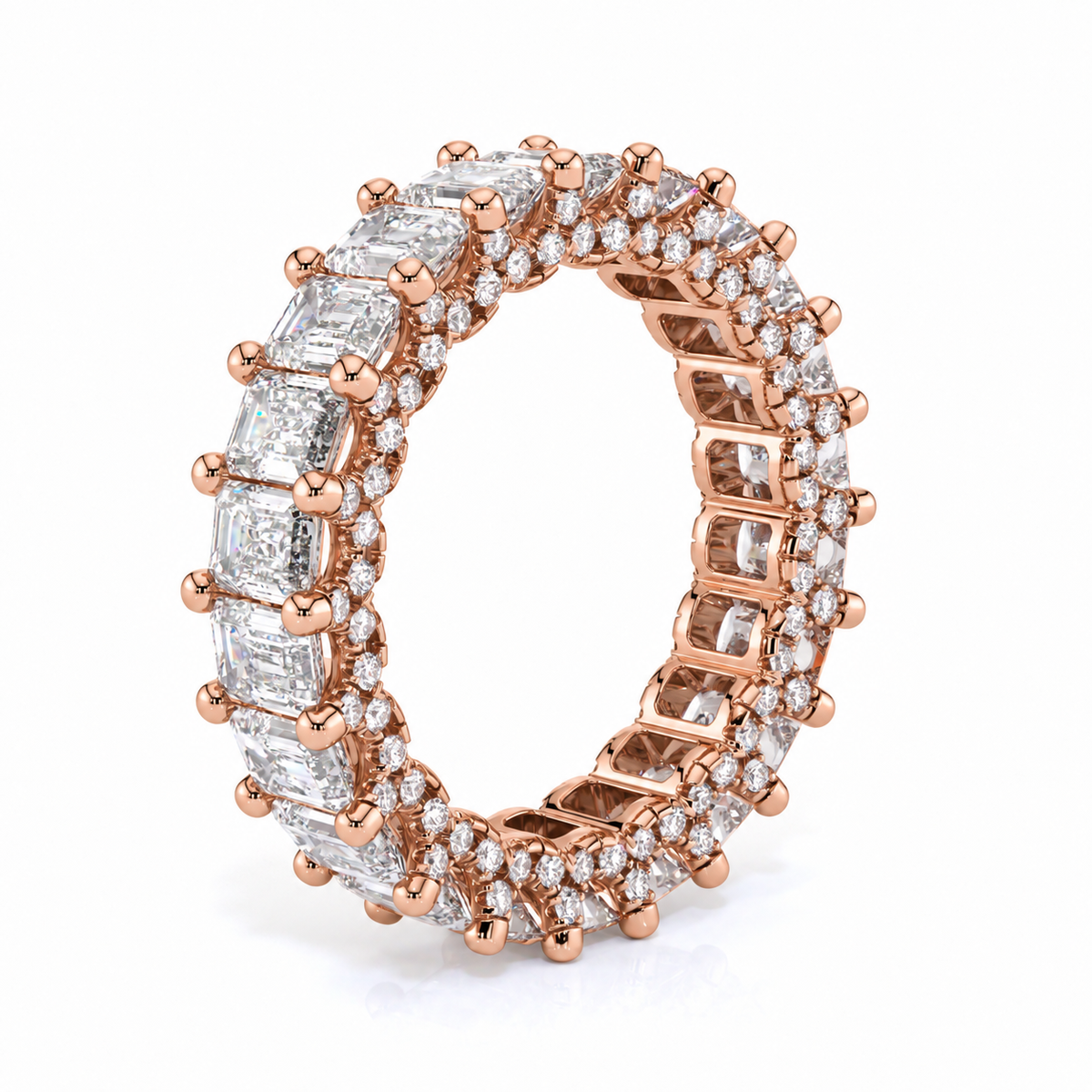 Ava emerald diamond wedding band, three-quarter angle, rose gold