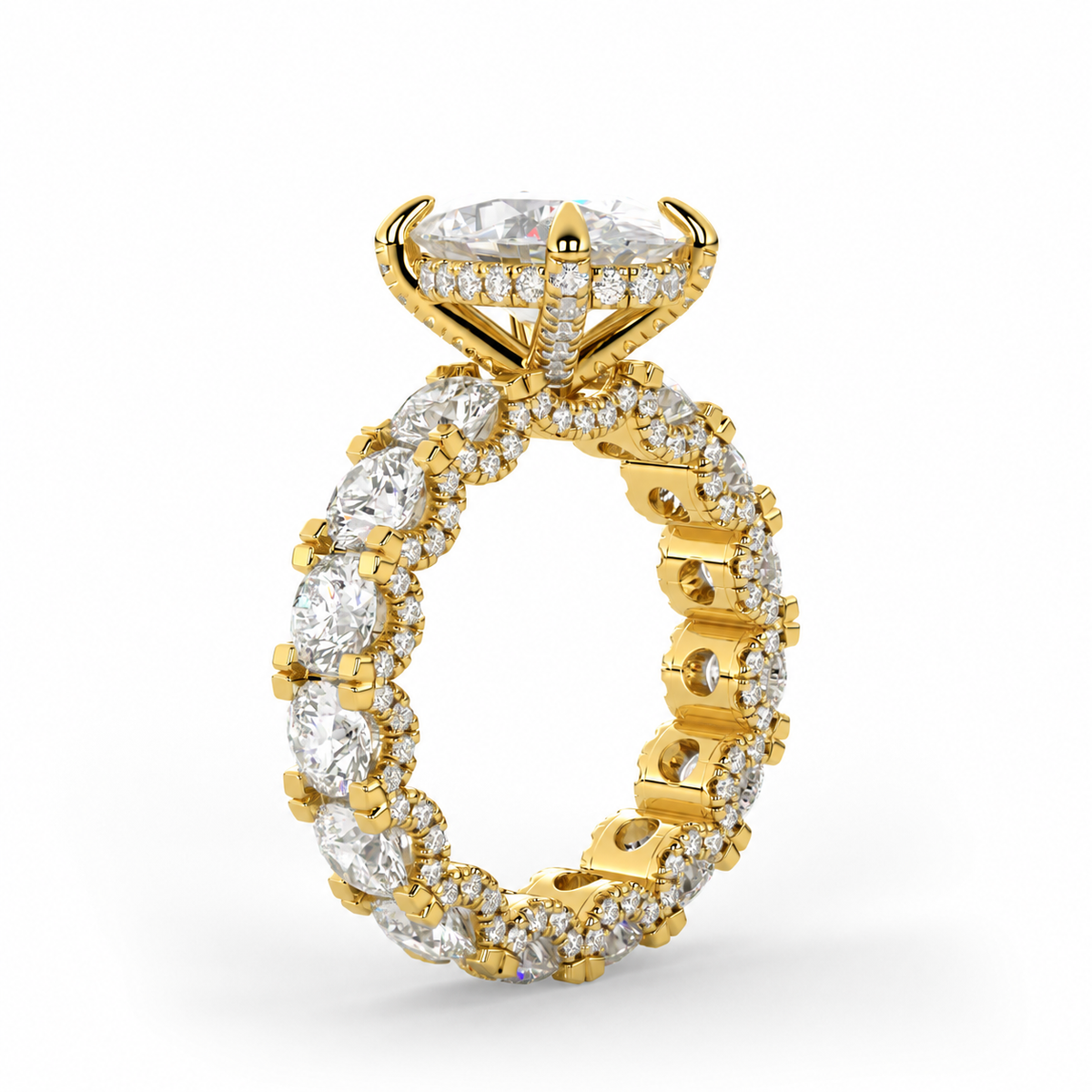 Iris engagement ring angled profile in yellow gold
