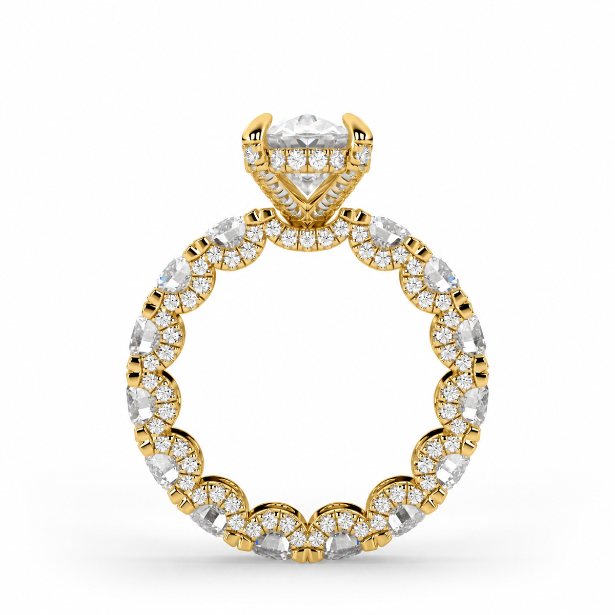 Iris engagement ring side view in yellow gold
