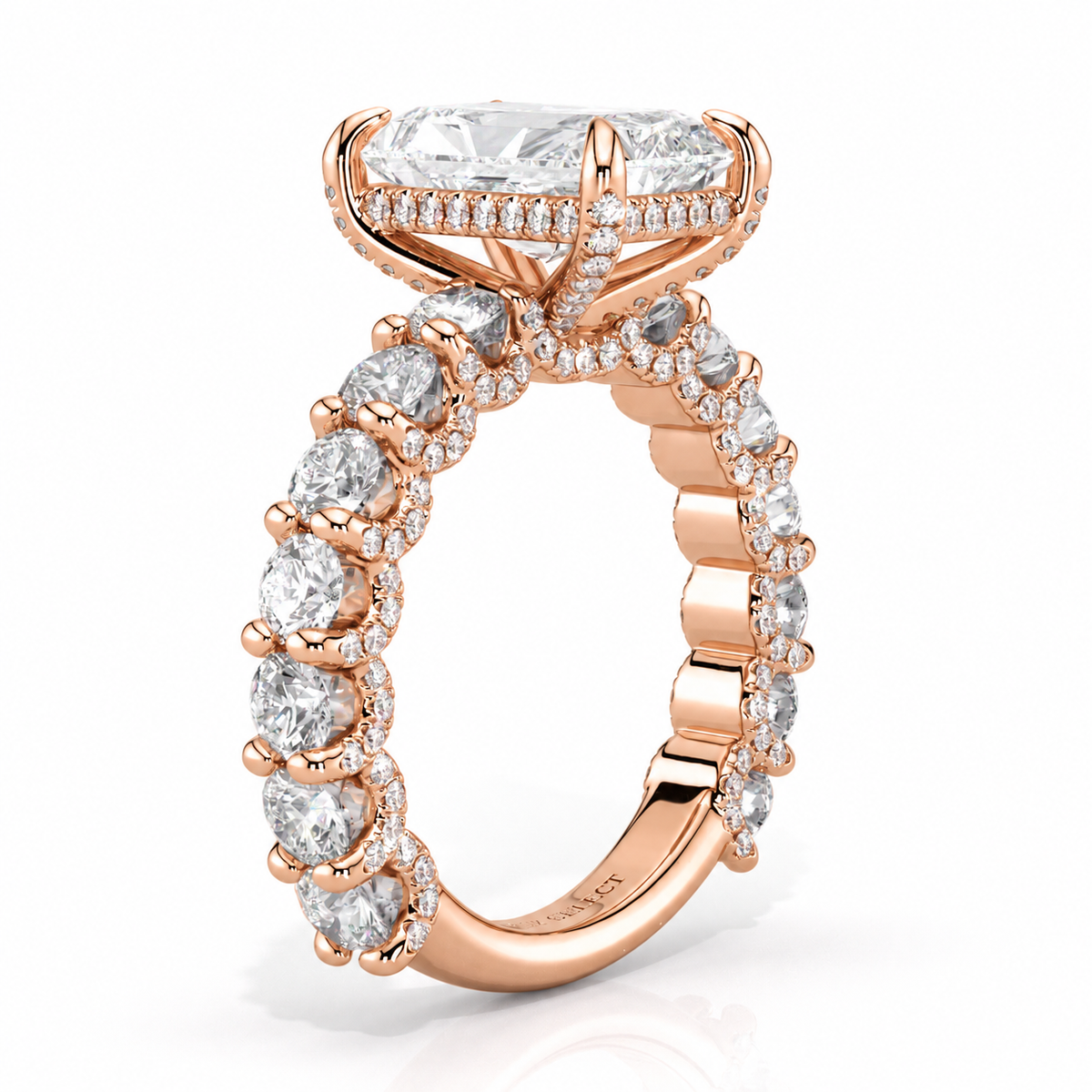 Jade engagement ring, rose gold, angled profile view