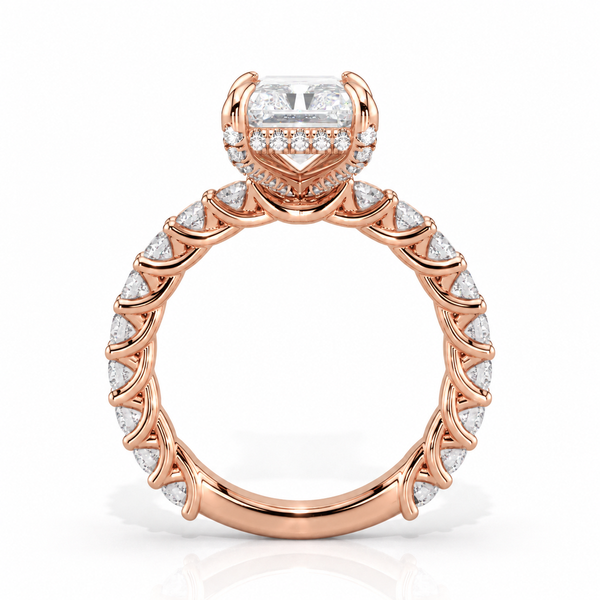 Jessica radiant engagement ring straight side view in rose gold