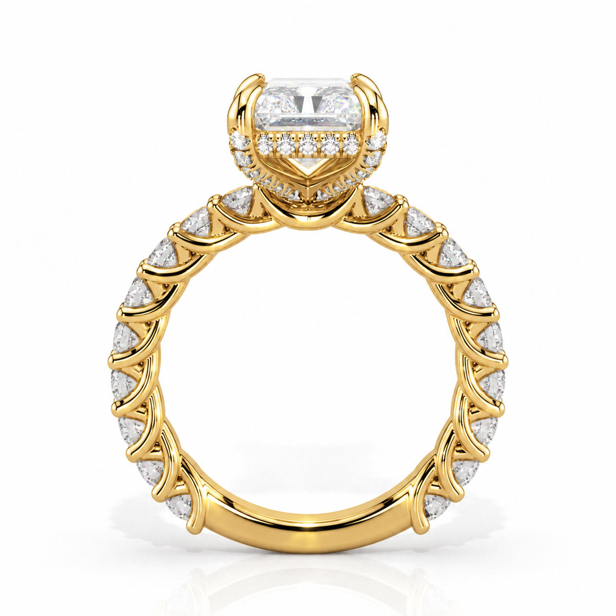 Jessica radiant engagement ring straight side view in yellow gold
