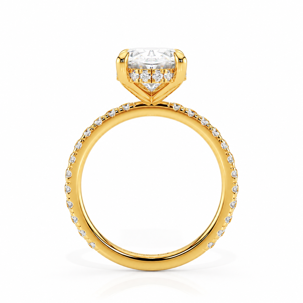 Laura oval engagement ring straight side view in yellow gold