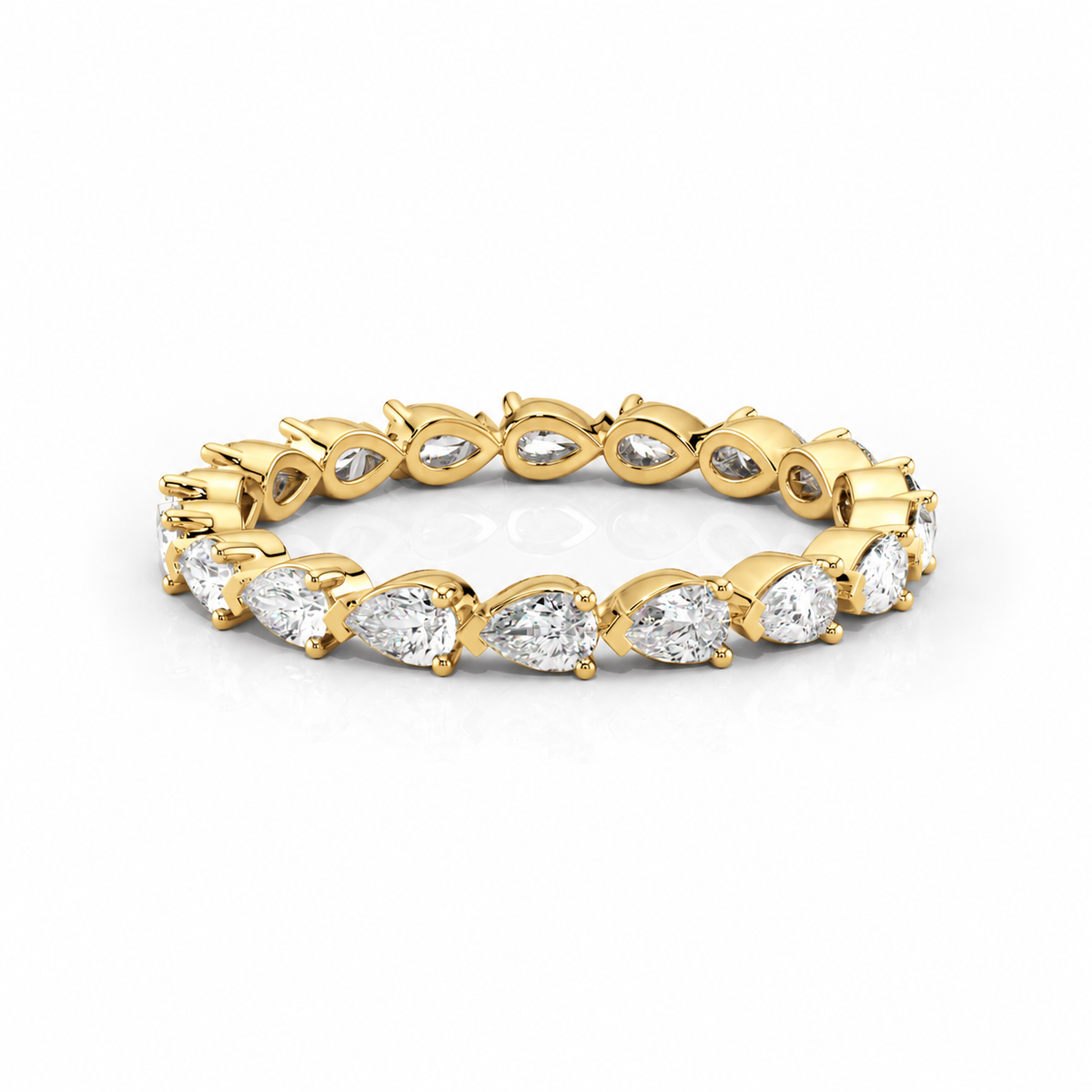 Leah pear diamond eternity band, three-quarter angle, yellow gold