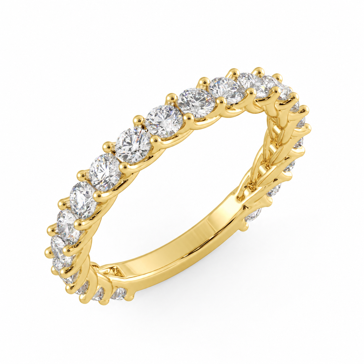 Melanie women’s diamond wedding band, three-quarter angle, yellow gold