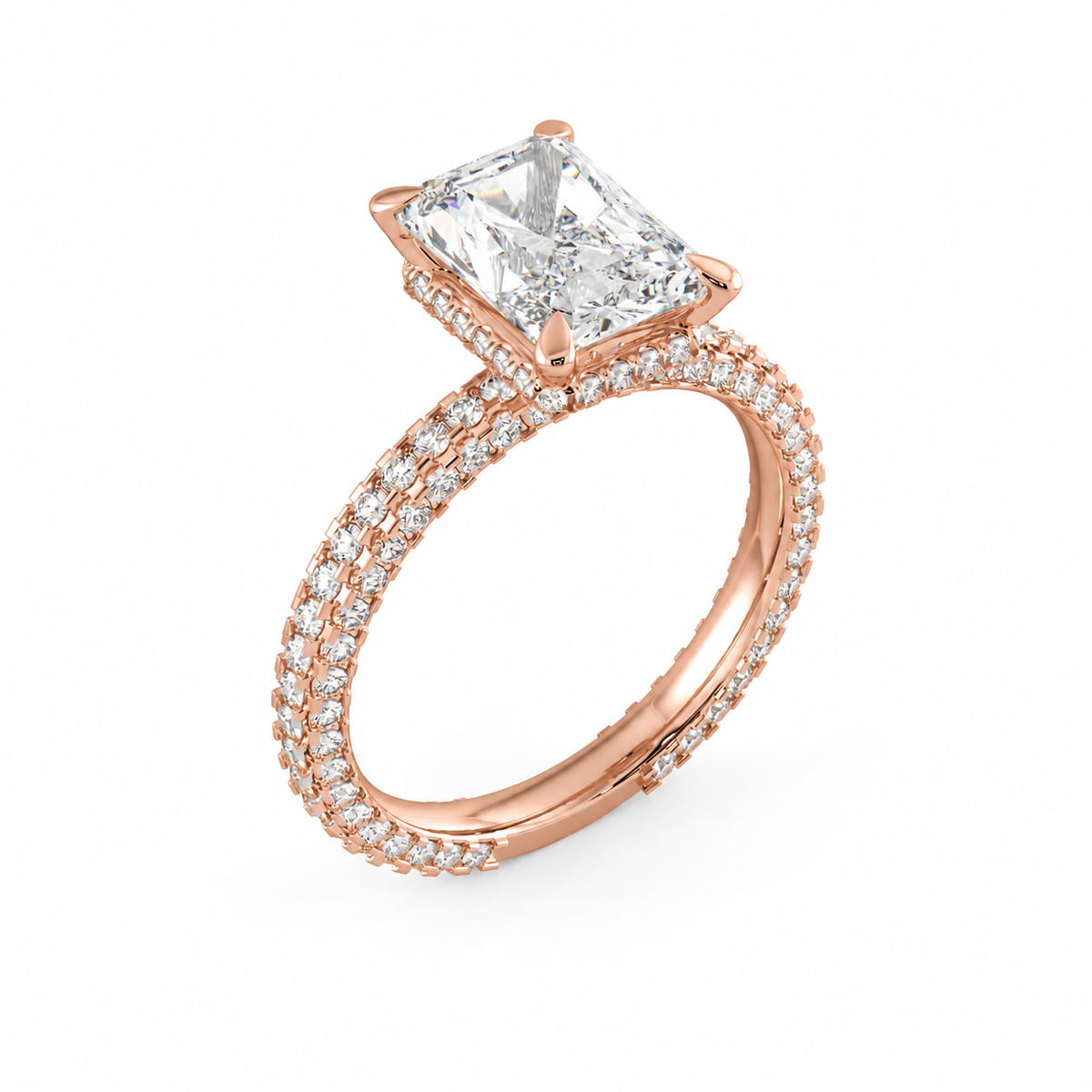 Olivia radiant engagement ring three-quarter view in rose gold