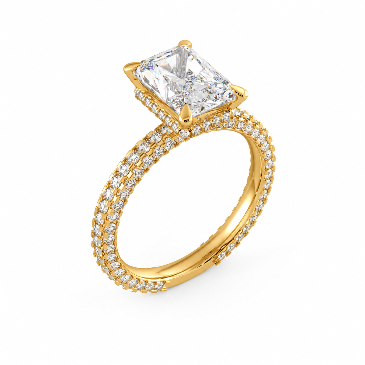 Olivia radiant engagement ring three-quarter view in yellow gold