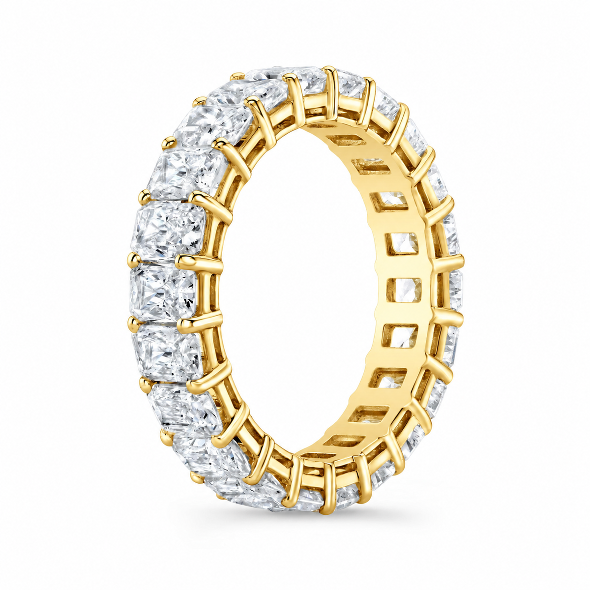 Paige radiant diamond eternity band angle view in yellow gold
