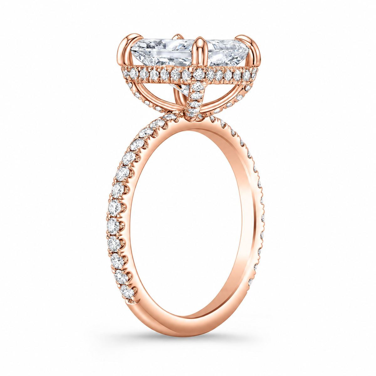 Rebecca radiant lab-grown diamond engagement ring in rose gold – side view
