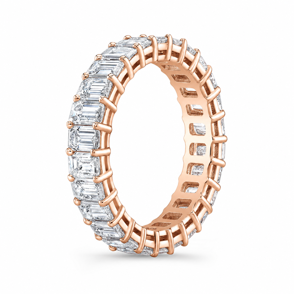 Samantha emerald diamond eternity band angle view in rose gold