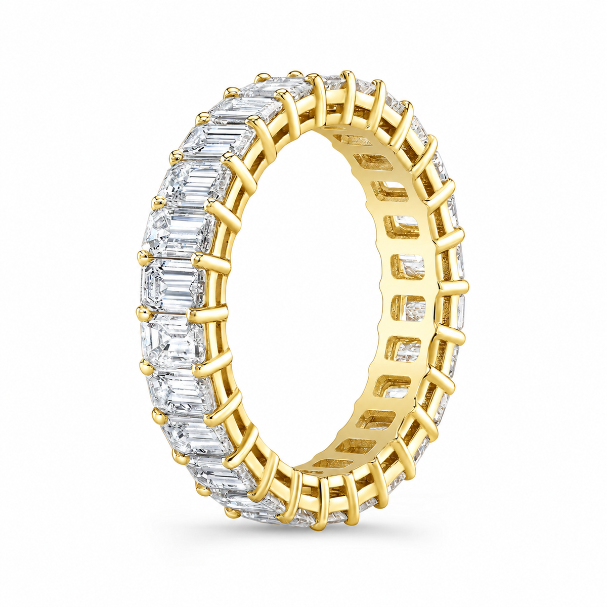 Samantha emerald diamond eternity band angle view in yellow gold